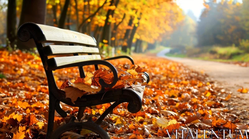 Fall Park Bench with Leaves | Nature Photography AI Image