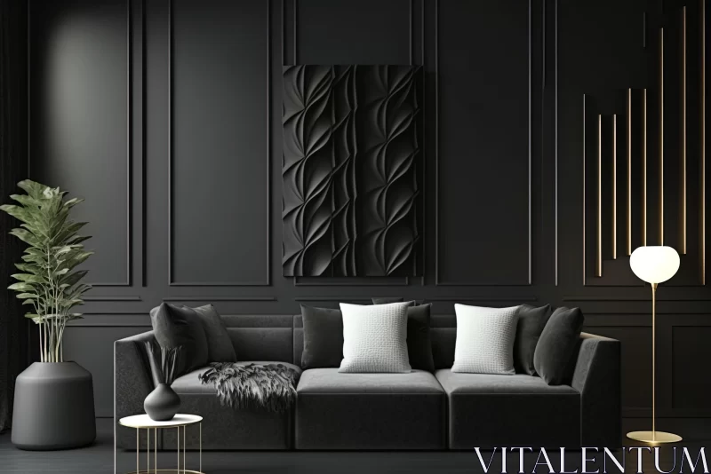 Intricately Sculpted Black Living Room with Wooden Walls and Sofa - Abstract Art AI Image