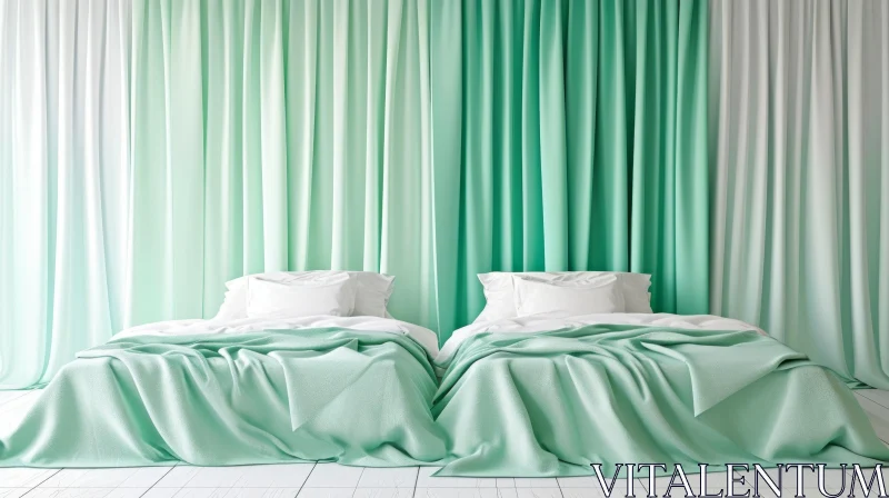 AI ART Tranquil Beds with White Linens and Mint Green Blankets