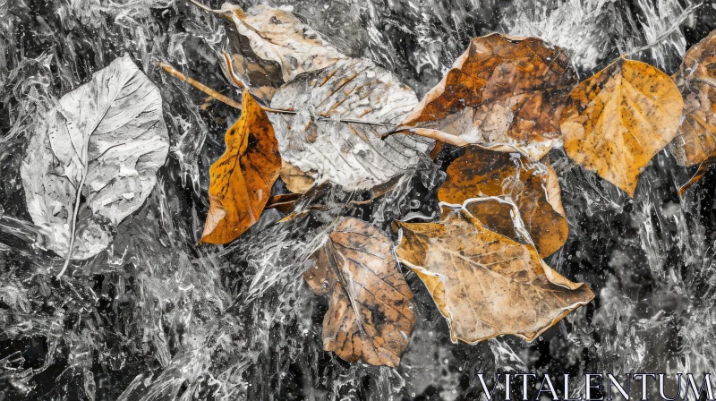 Close-up of Frozen Pond with Fallen Leaves AI Image