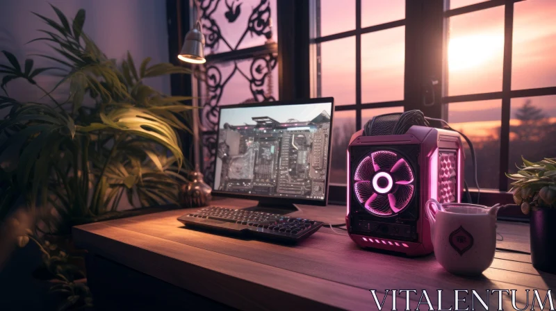 Cozy Gaming Setup with Pink Light and Plants AI Image