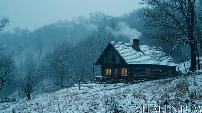 Cozy Wooden Cabin in Snowy Forest | Serene and Inviting AI Image
