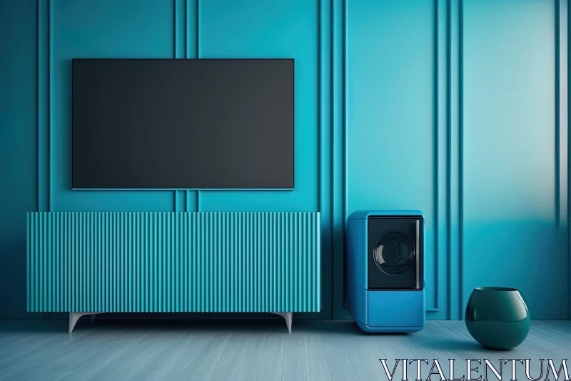 Futuristic Victorian Entertainment Unit on Blue Wall | Cinematic Atmosphere AI Image