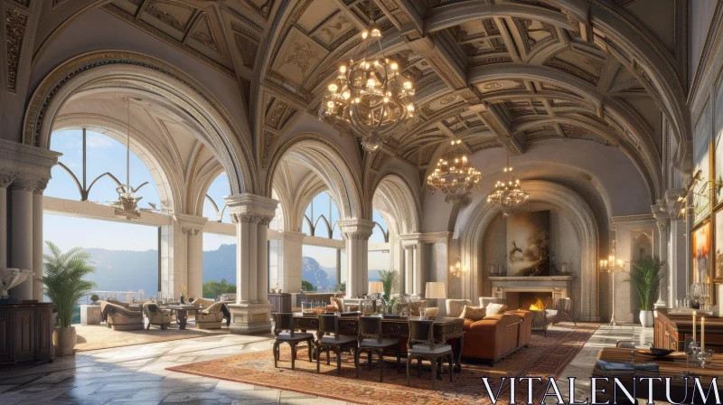 Luxurious Living Room with Arched Windows and High Ceiling AI Image