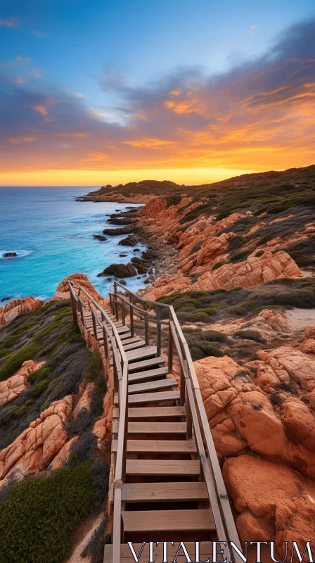 Pathway to a Captivating Sunset on a Rocky Beach AI Image