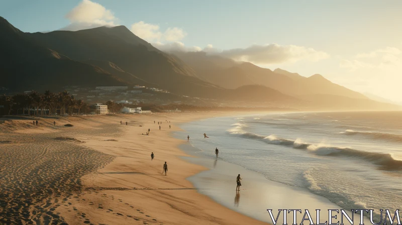 Serene Beach with Golden Hues: Metropolis Meets Nature AI Image