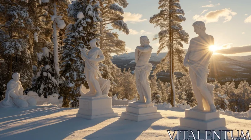 Serene Winter Landscape with Greek God Statues AI Image