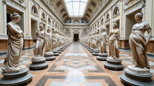 Captivating Long Gallery with Marble Floor and Classical Statues