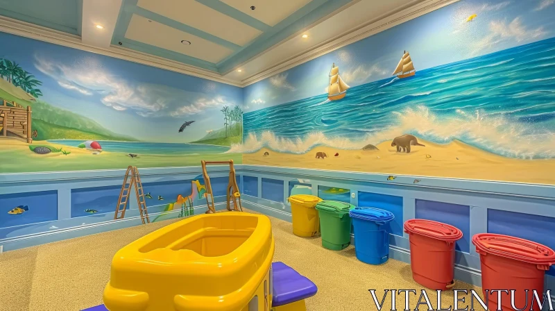 Children's Playroom with Beach Scene: Yellow Boat and Plastic Bins AI Image