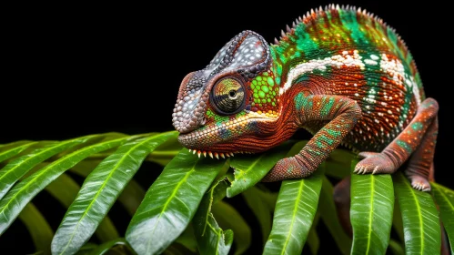Colorful Chameleon on Green Leaf - Close-up Animal Photography