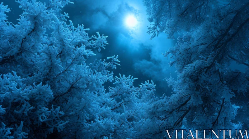 Enchanting Frost-Covered Trees Against Night Sky with Full Moon AI Image