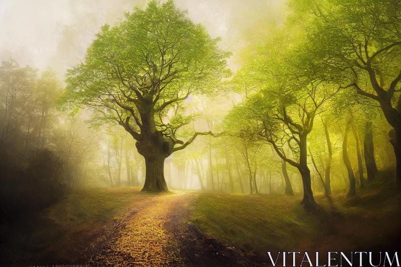 Enchanting Path through a Green Forest with a Glowing Yellow Wall AI Image