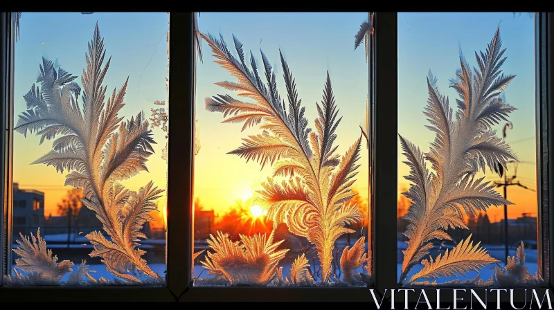 Serene Winter Sunrise Through Frozen Window - Nature Art AI Image