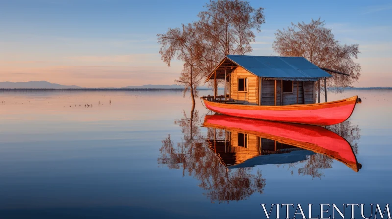 Tranquil Red Boat on Water - Charming Landscape Photography AI Image