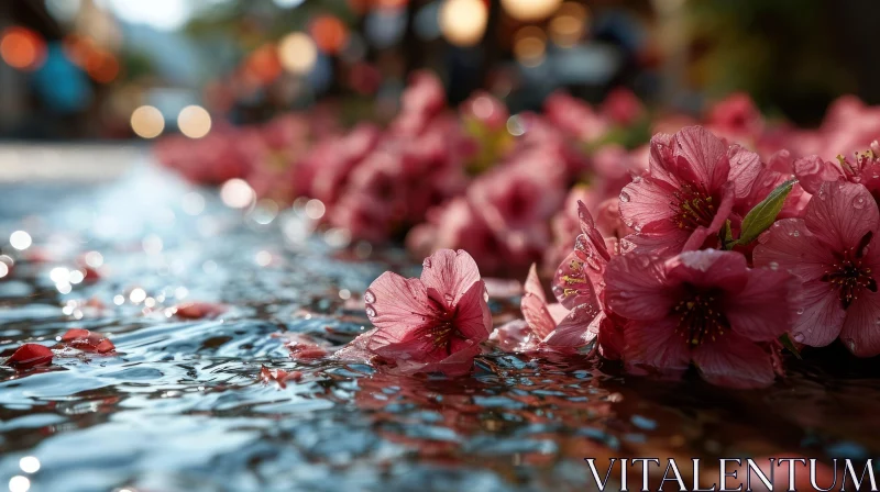 Delicate Pink Cherry Blossoms Floating on a Stream AI Image