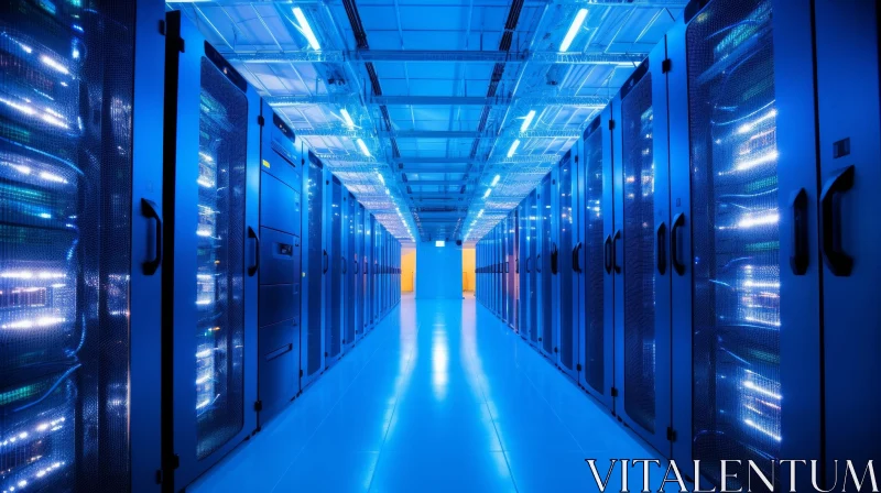 Modern Data Center with Blue Lights and Servers AI Image