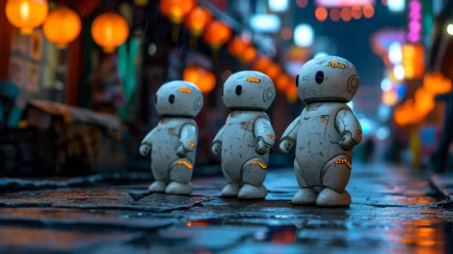 Rainy Street with Robots: A Captivating Night Scene