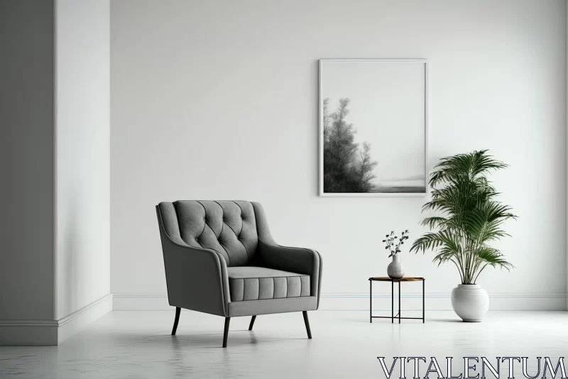 Serene Grey Chair in Minimalist Room with White Walls and Vibrant Potted Plant AI Image