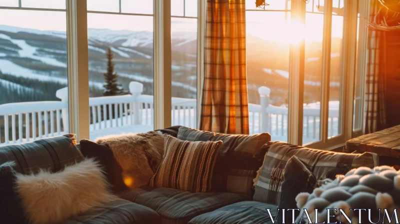 Serene Living Room with Snowy Mountain View AI Image