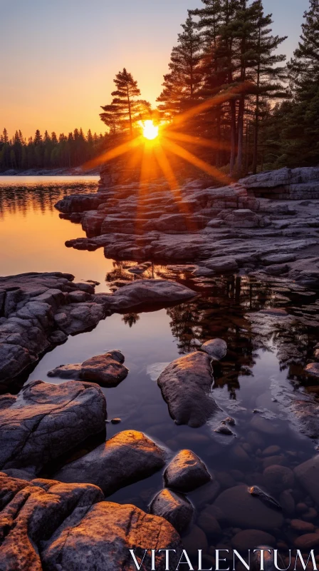 Serene Sunrise on a Tranquil Lake with Majestic Rocks - Nature Photography AI Image