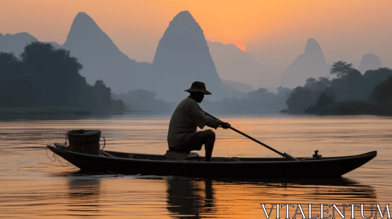 AI ART Captivating Sunset Scene: Man on a Boat in Rural China