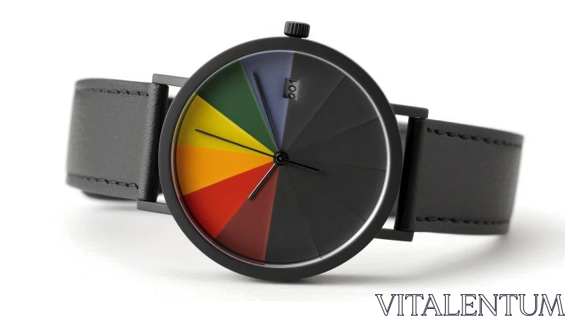 Close-Up of Colorful Dial Wristwatch with Black Leather Strap AI Image
