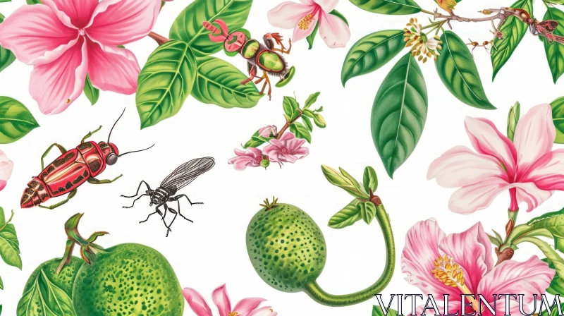 Delicate Tropical Pattern with Pink Hibiscus Flowers and Green Leaves AI Image