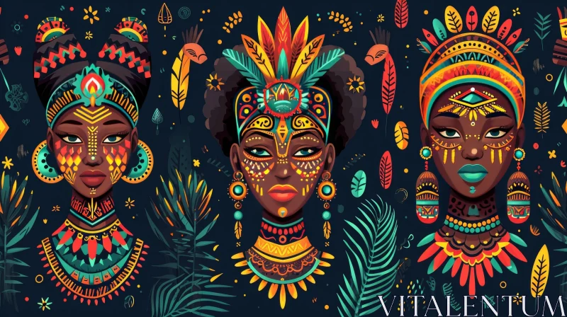 Digital Illustration of African Women with Colorful Headdresses AI Image