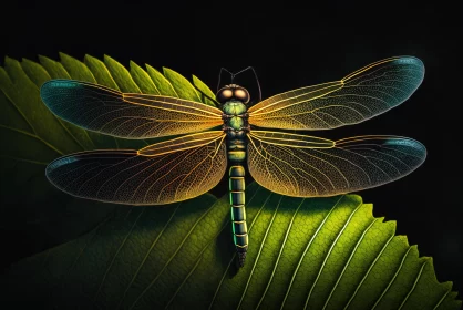 Dragonfly on Leaf: Captivating and Vibrant Hyper-Realistic Animal Illustration