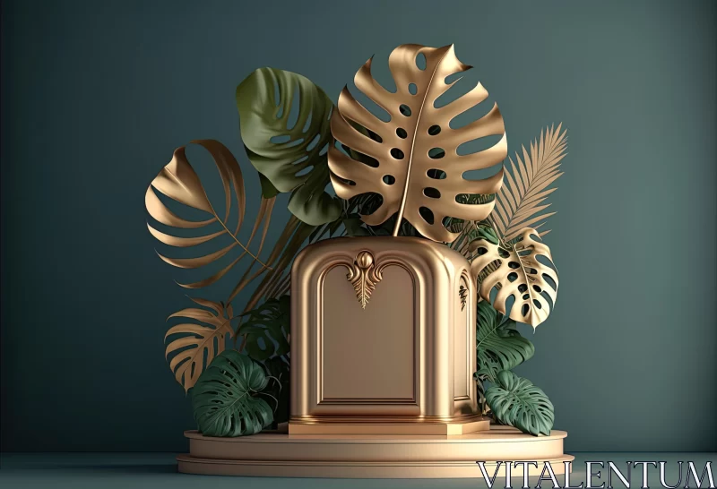 Golden Urn on Green Background with Tropical Plants - A Confessional Masterpiece AI Image