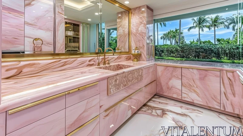 Luxurious Pink Marble Bathroom with Ocean View AI Image