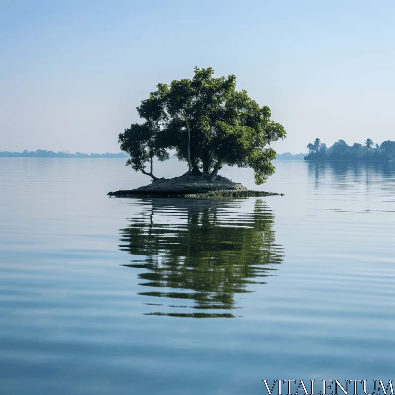Serene Nature: A Captivating Image of a Tree on a Small Island in Calm Waters AI Image
