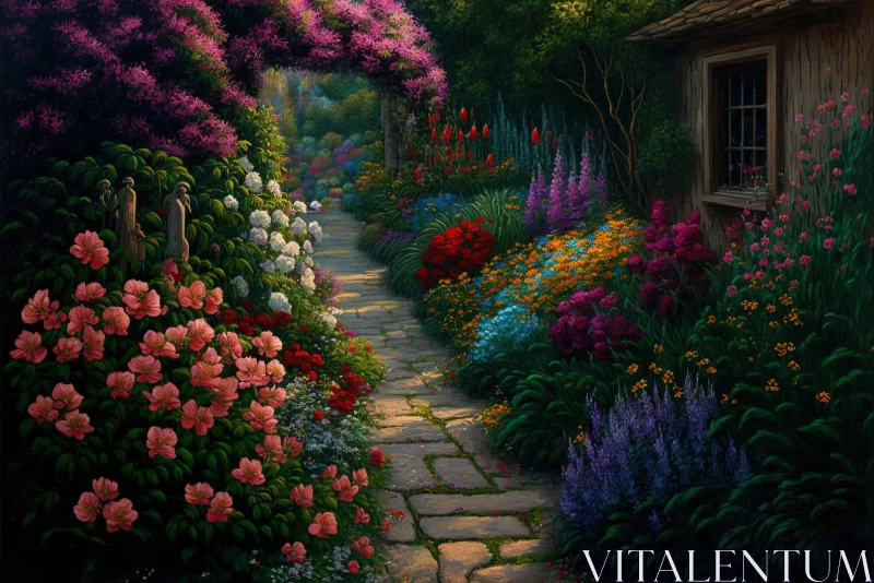 Tranquil Gardenscapes: Captivating Garden Path with Vibrant Flowers AI Image
