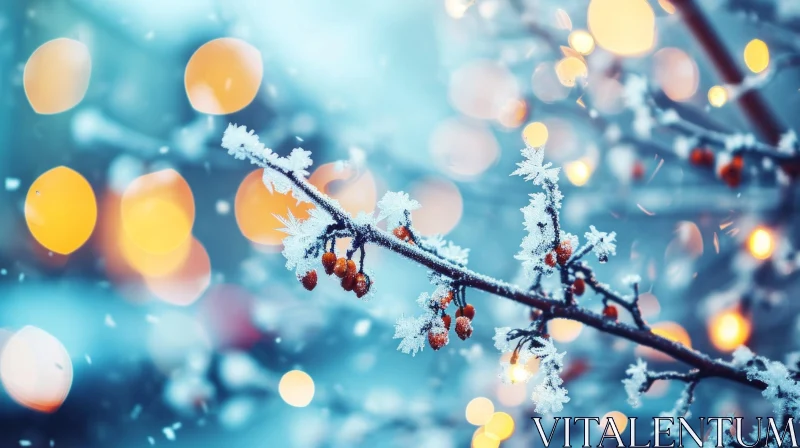 Winter Scene: Snow-Covered Tree Branch with Berries AI Image