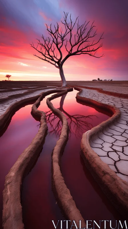 Captivating Red Sunset Over a Dried Up River in Australian Landscapes AI Image