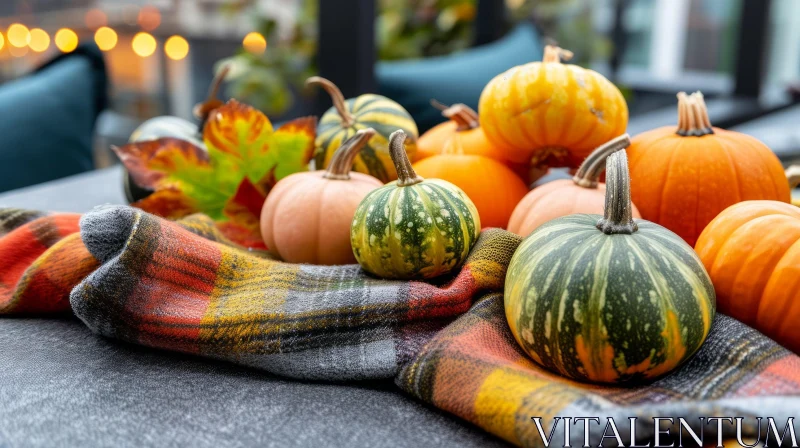 Captivating Still Life: Pumpkins and Gourds Arrangement on Gray Table AI Image