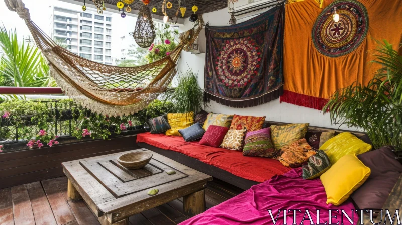 Cozy Bohemian-Style Terrace with Hammock, Sofa, and Coffee Table AI Image