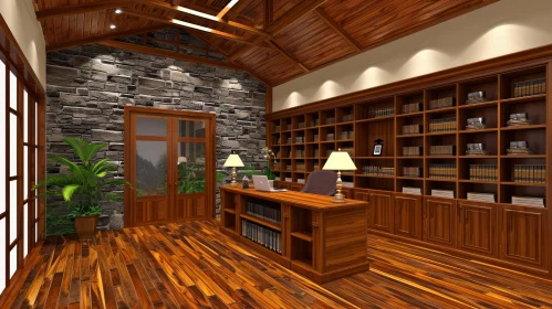 Cozy Home Office with Wooden Desk and Stone Wall