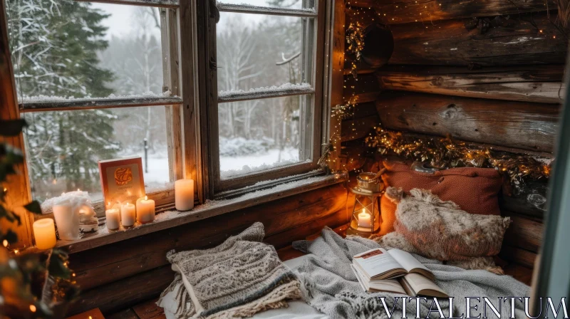 Cozy Reading Nook with Snowy Forest View AI Image