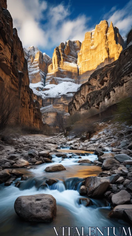 Enchanting Canyon with Cascading Waterfall - Captivating Snow Scene AI Image