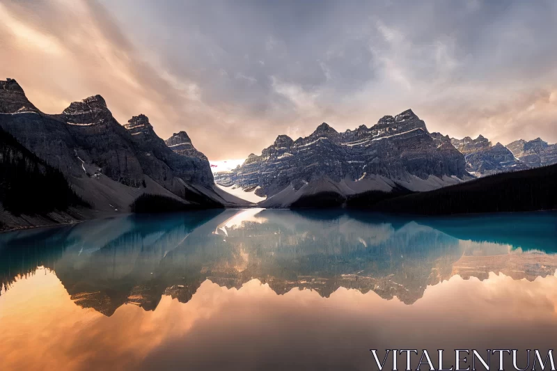 Mountain Range Reflection in Lake at Sunset - Contemporary Canadian Art AI Image
