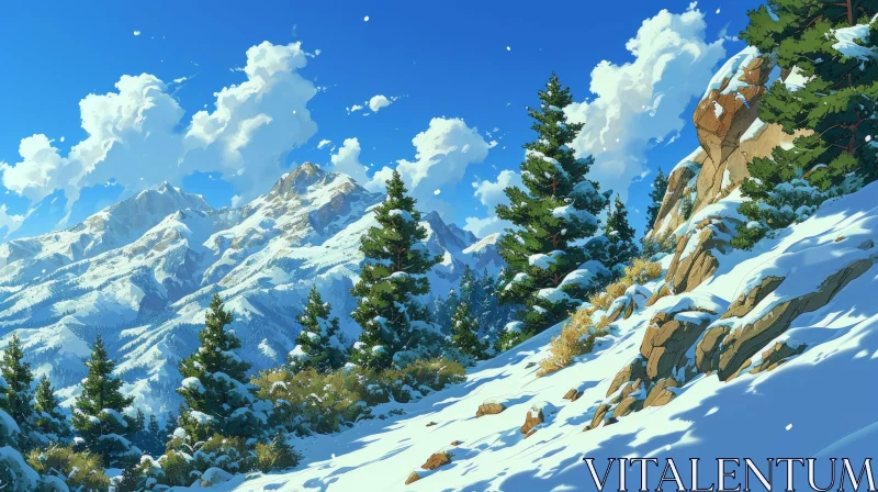Serene Winter Landscape with Snow-Capped Mountains and Snow-Covered Forest AI Image