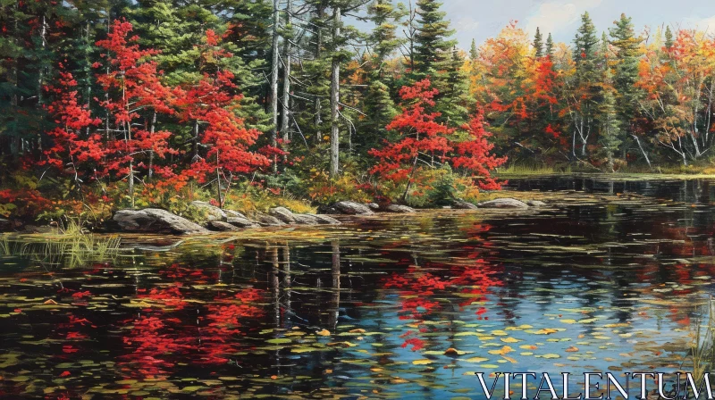 Tranquil Autumn Landscape Painting with Lake and Trees AI Image
