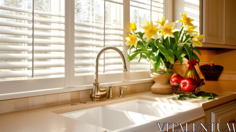 AI ART Cozy Kitchen Sink with Faucet and White Shutters