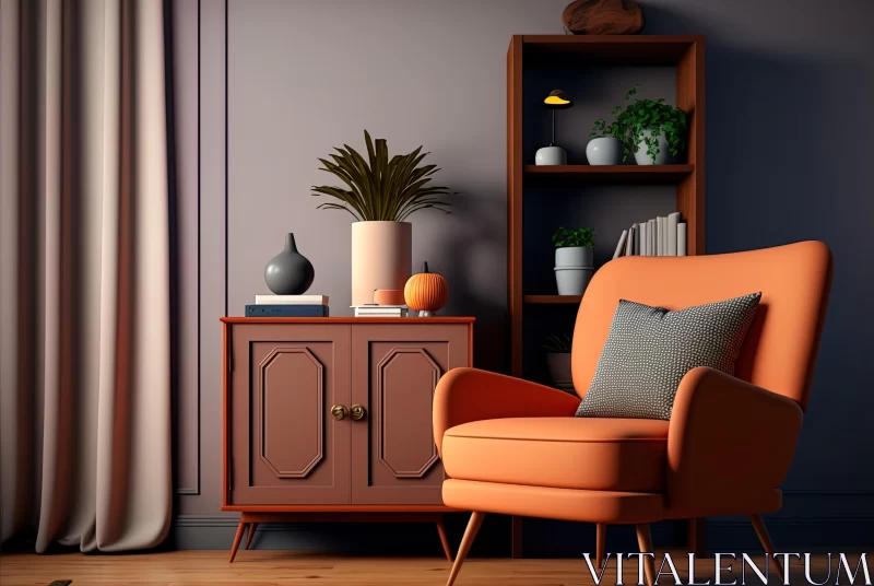 Orange Chair Next to Wooden Bookcase and Plant - Moody Color Schemes, Realistic Detailing AI Image