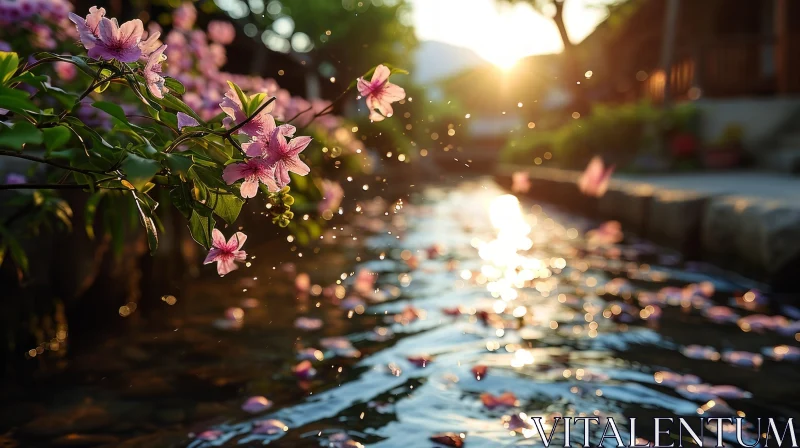 Serene Landscape with Cherry Blossom Tree and River AI Image