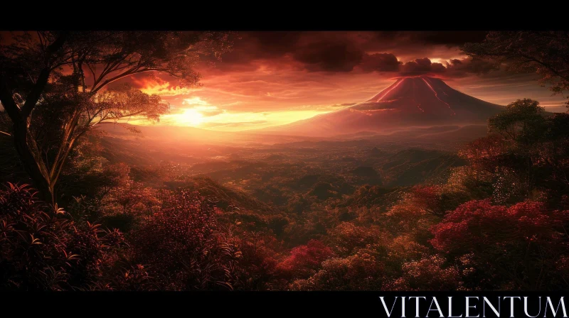 Breathtaking Sunset Landscape: Volcano Eruption amidst Lush Forest AI Image