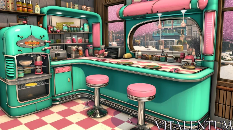 Charming 50s-Style Diner with Pink and Blue Color Scheme AI Image