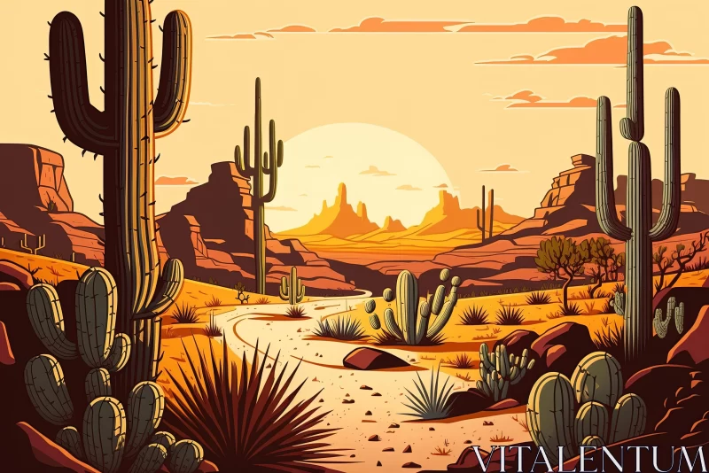 AI ART Colorful Desert Scene with Cactus and Winding Trail | Vintage Poster Design
