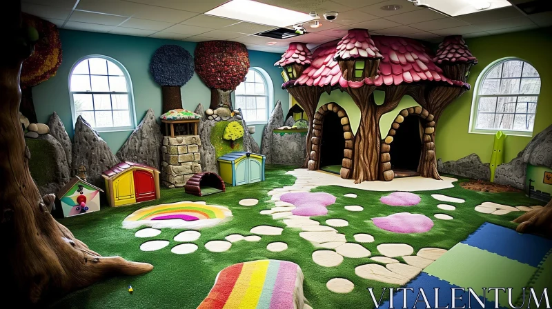 Enchanting Children's Playroom with Treehouse and Murals AI Image